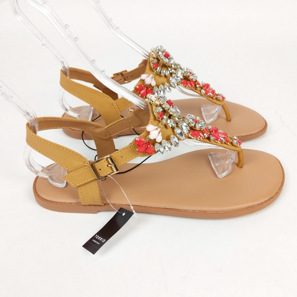 Torrid Tan Rhinestone T-Strap Thong Sandals Shoes - Picture 6 of 8